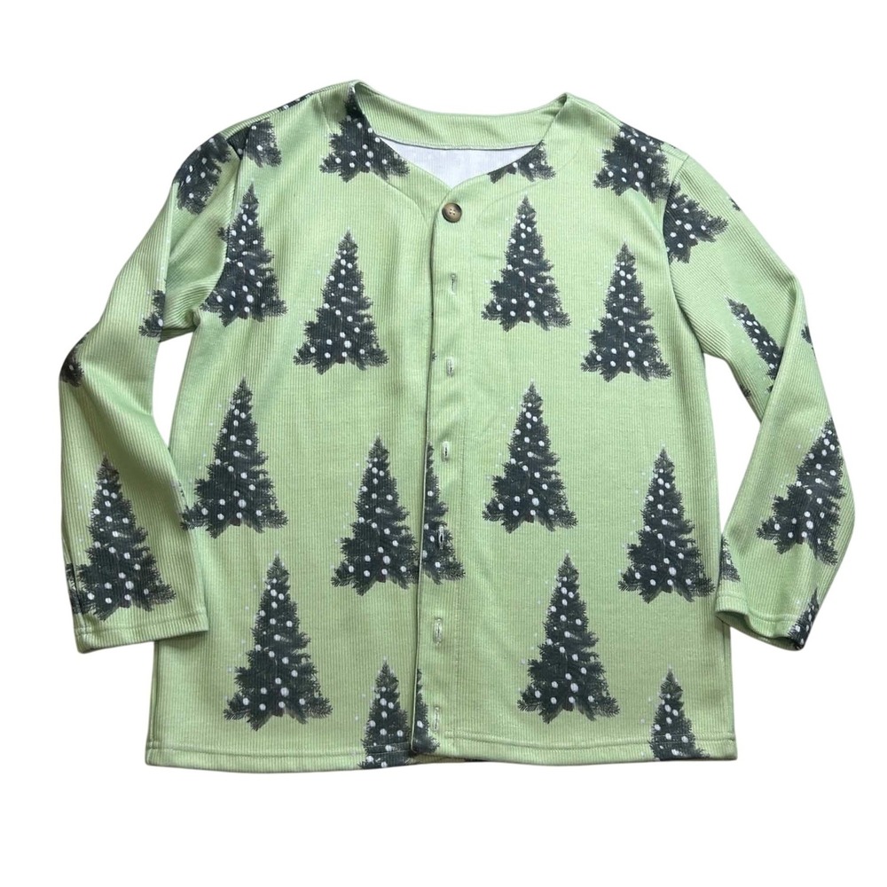 Christmas Tree Print Ribbed Knit Cardigan Green Button Front Long Sleeve Large